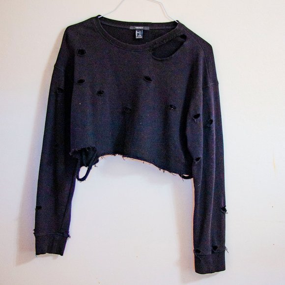 Forever 21 Tops - Forever 21 short cropped long sleeve black distressed shirt.